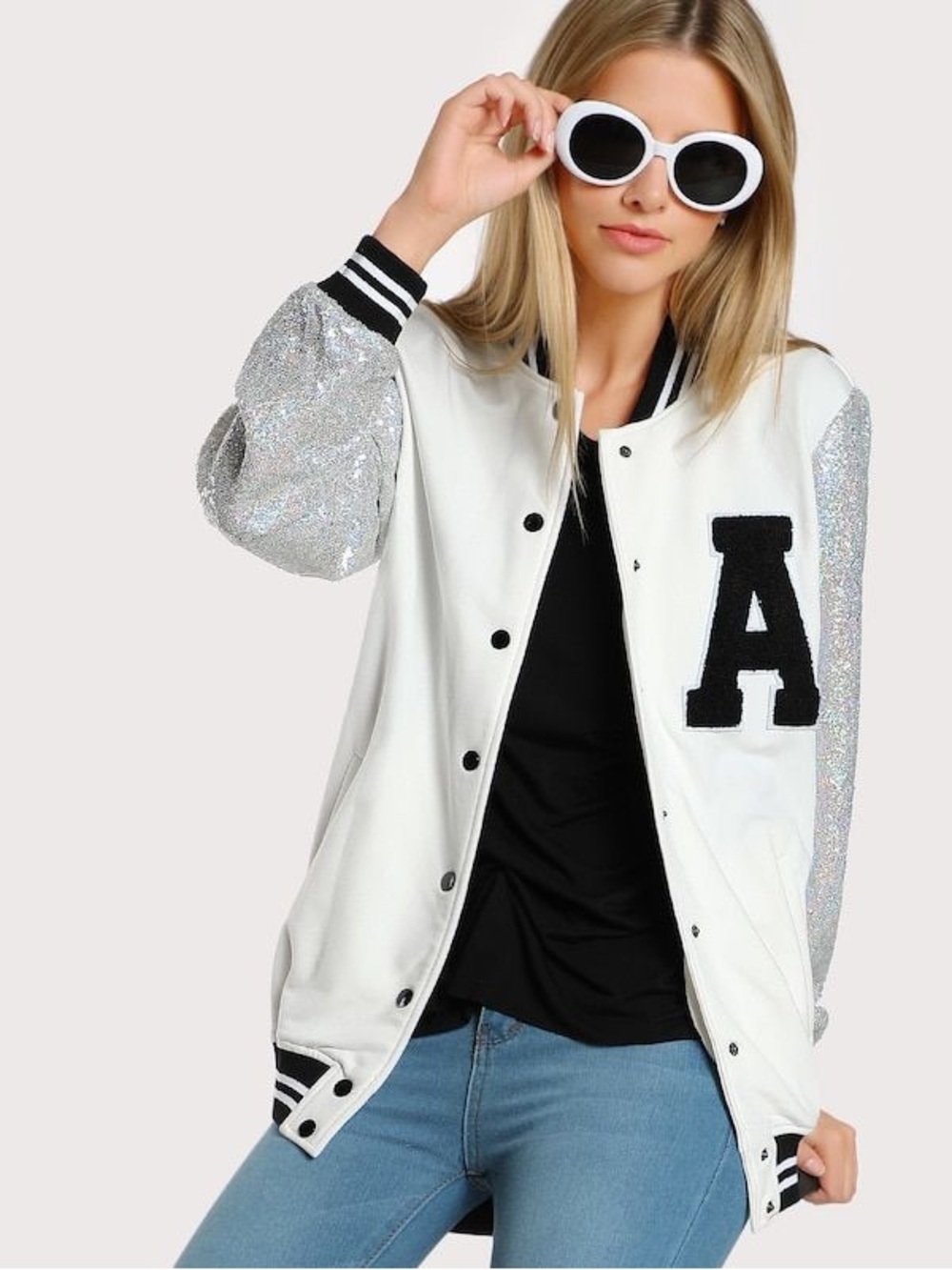 Missguided White Varsity Jacket with Silver Sequin Sleeves and Black 'A' Patch